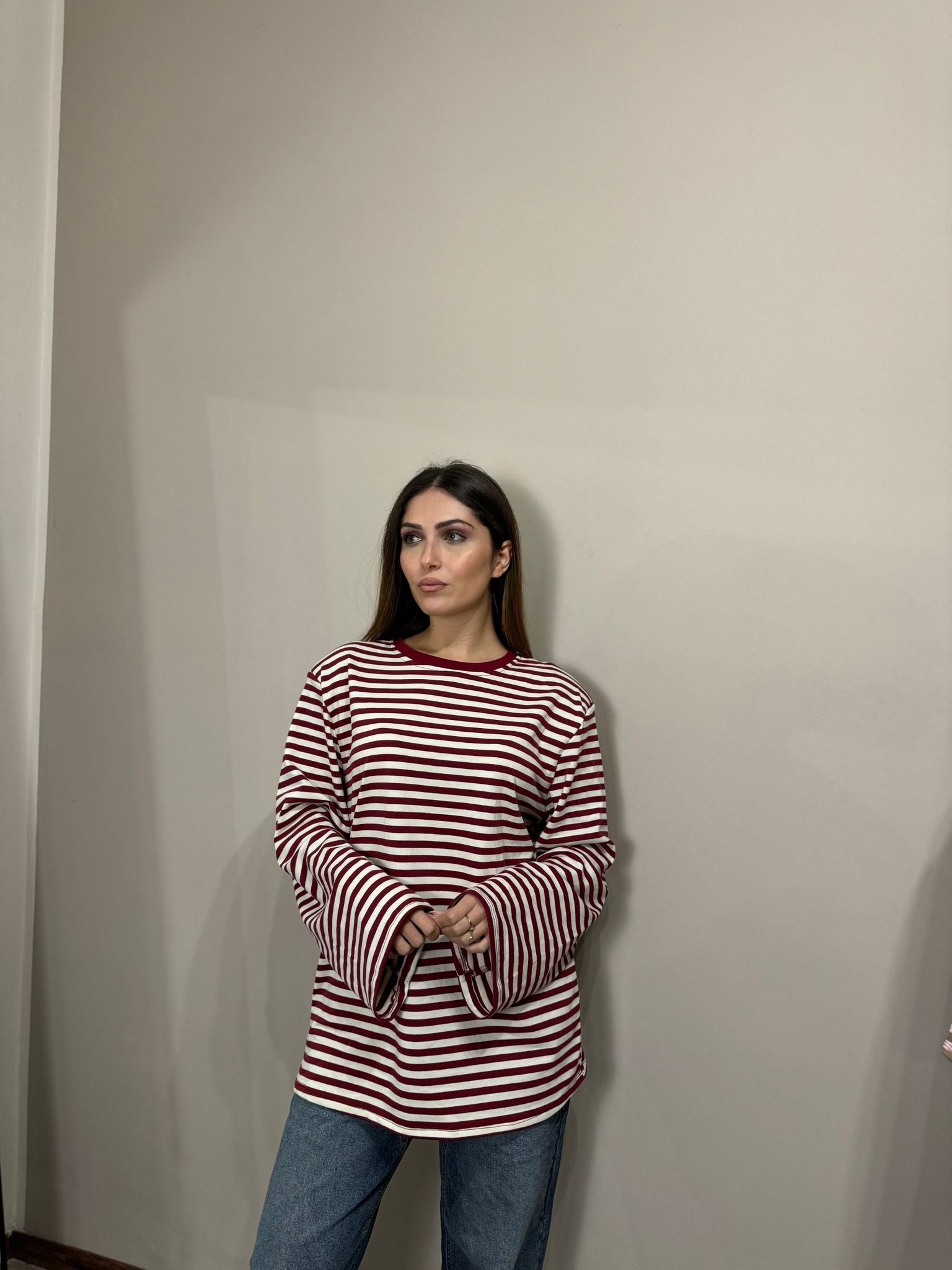 Maglia Laura over lunga con spalline bordeaux/crema