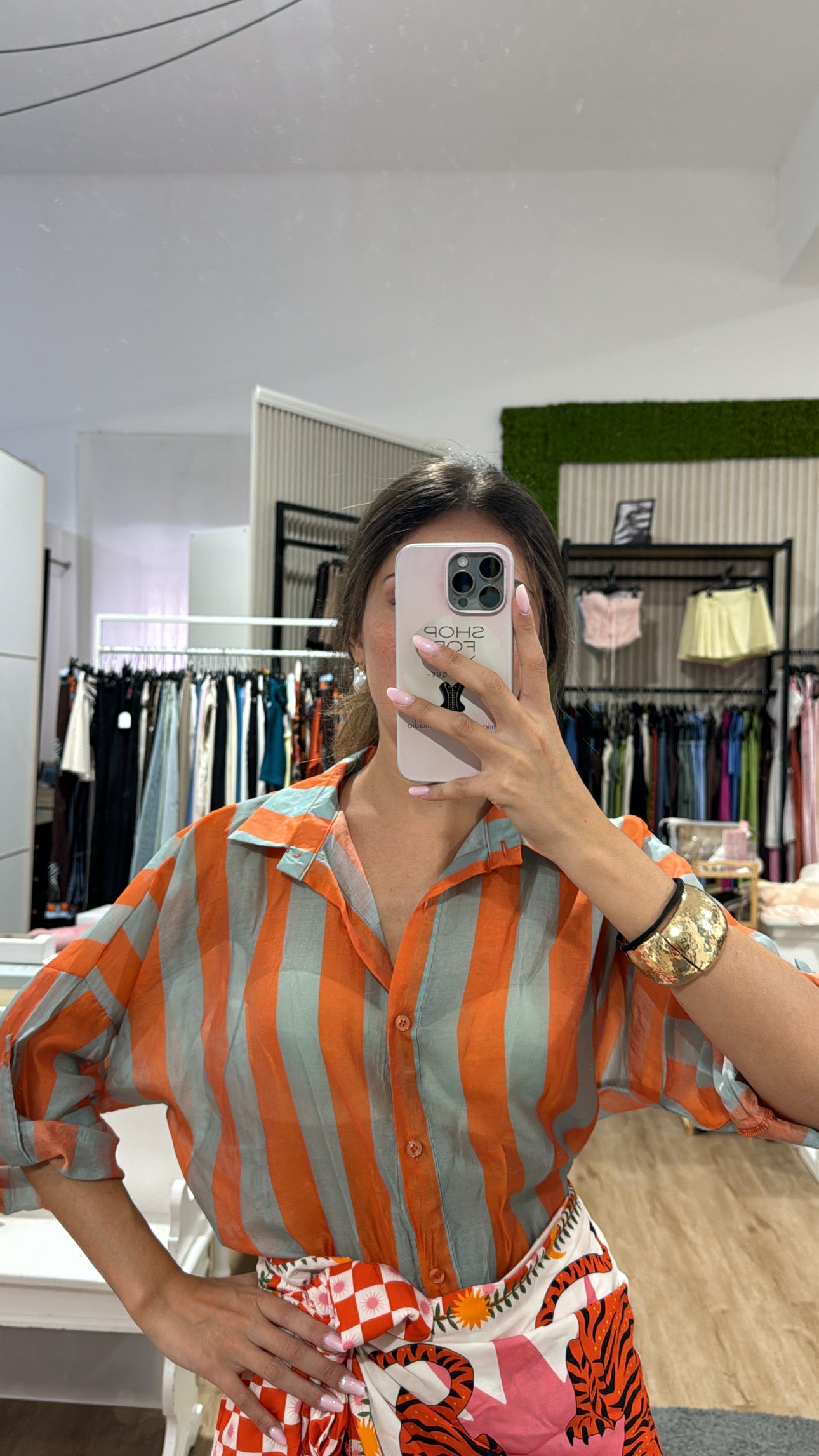 Camicia righe larghe velata arancio/azzurro