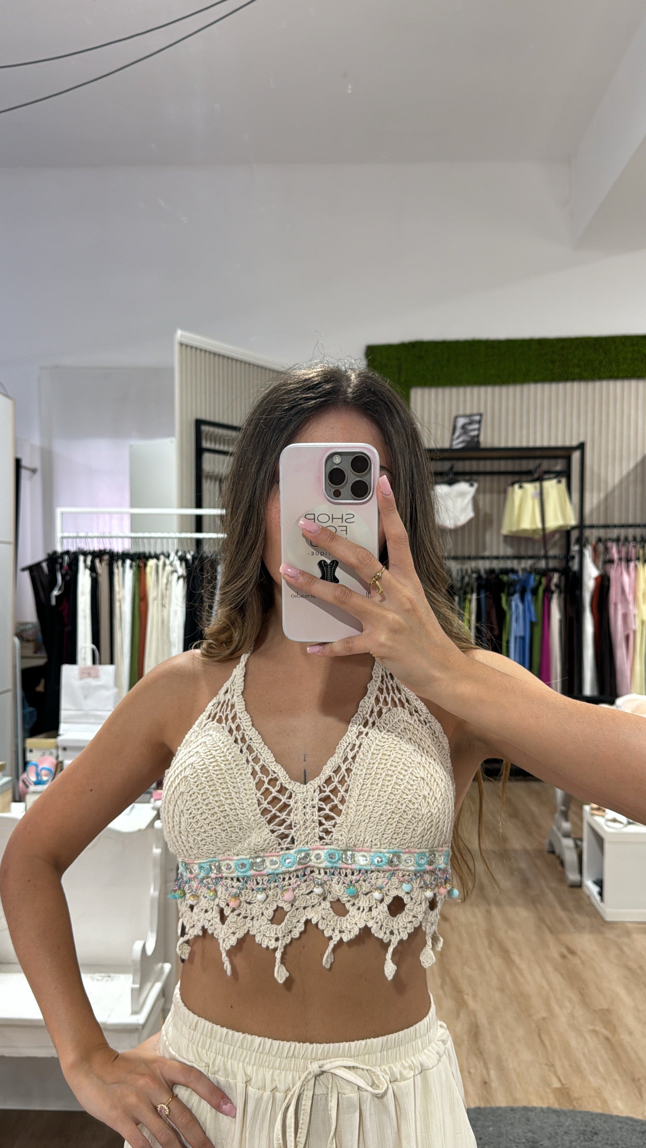 Top macramè pon pon beige
