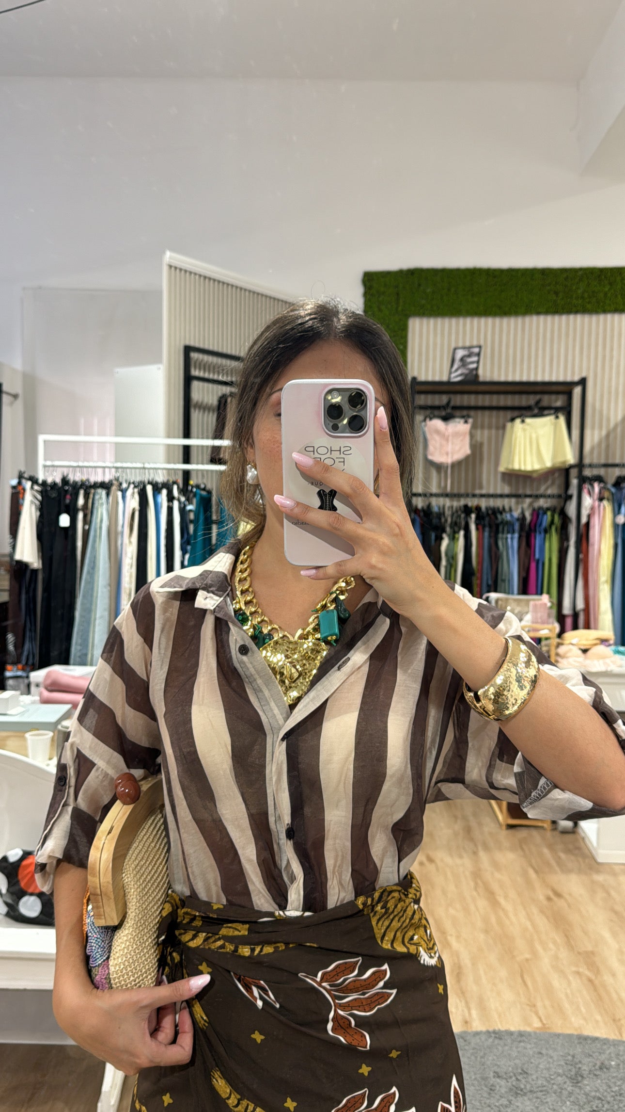 Camicia righe larghe velata beige/choco