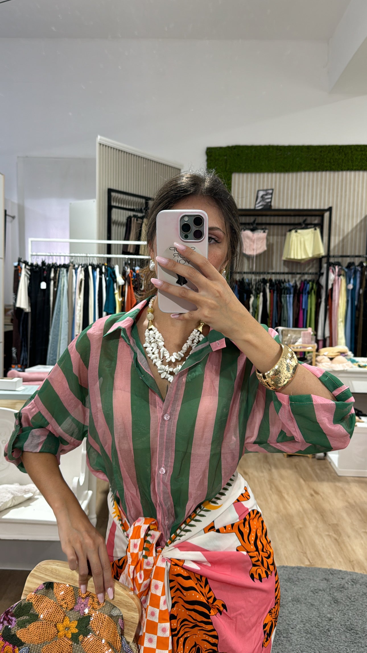 Camicia righe larghe velata verde/rosa