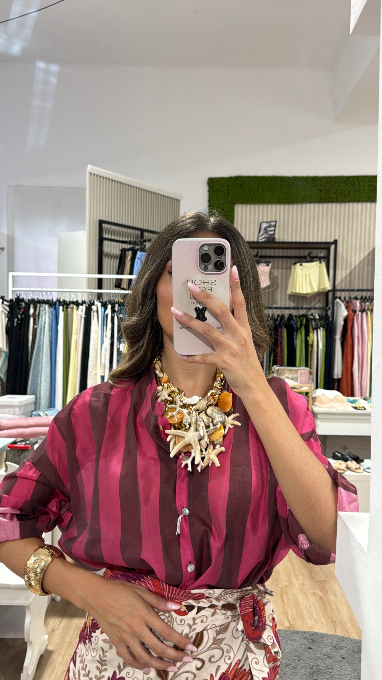 Camicia velata righe coreana choco/fucsia