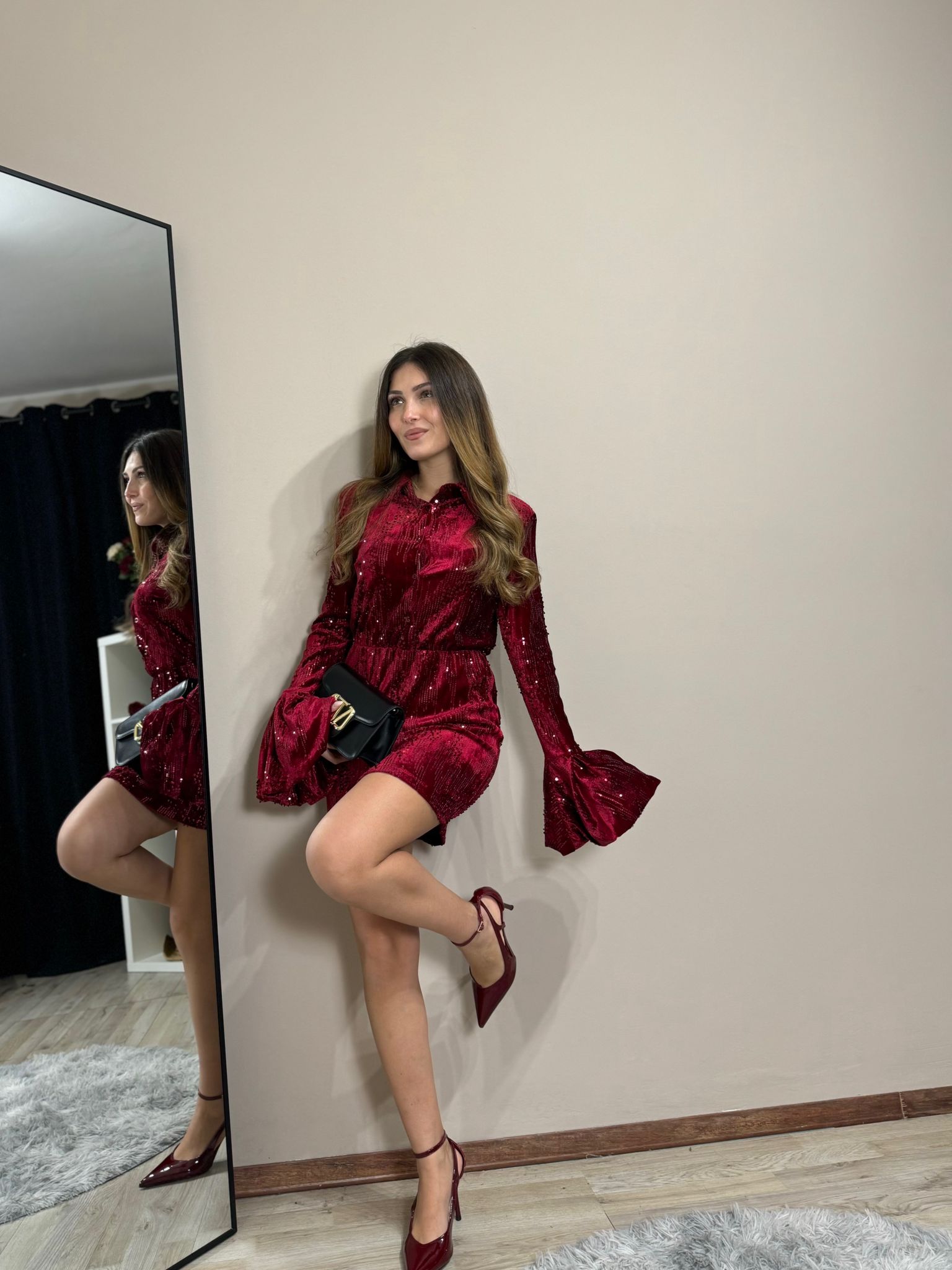 Abito velluto e paillettes Desireé bordeaux