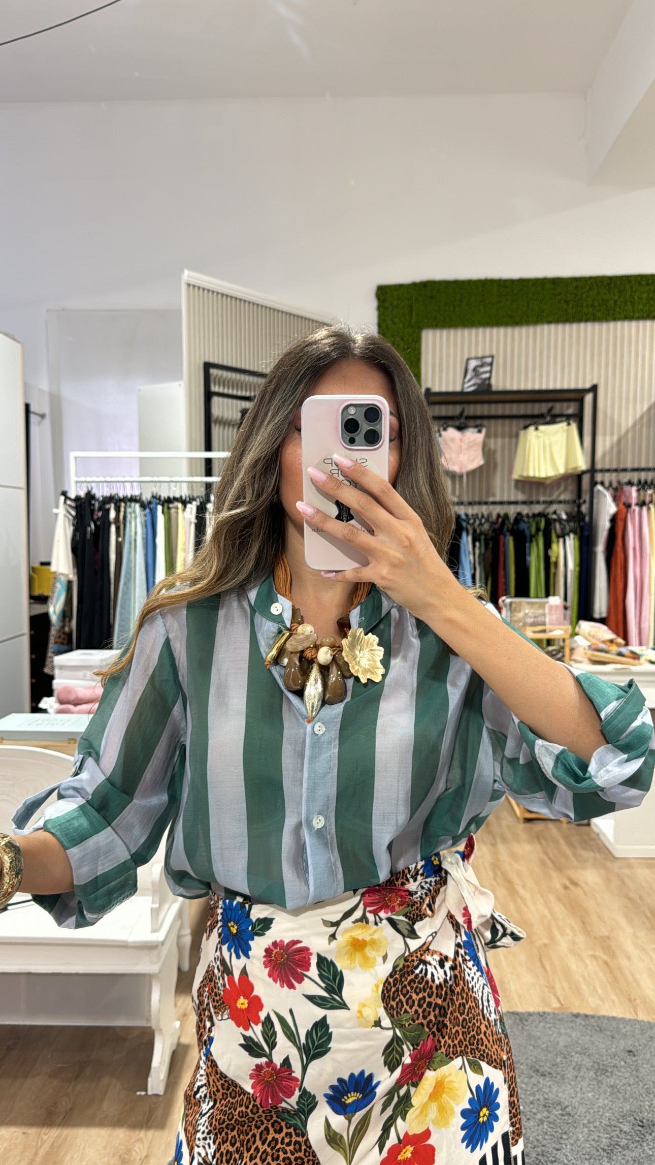 Camicia velata righe coreana verde/azzurro