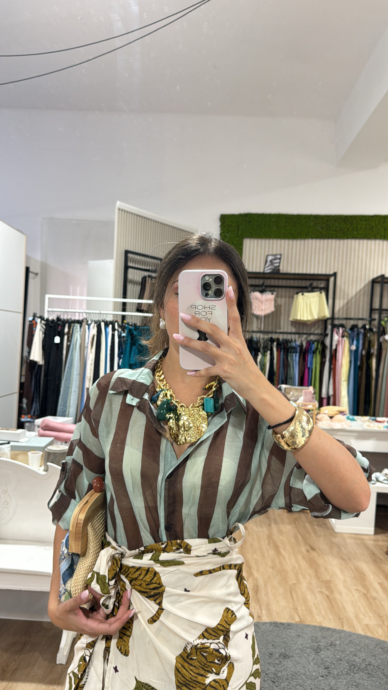 Camicia righe larghe velata salvia/choco