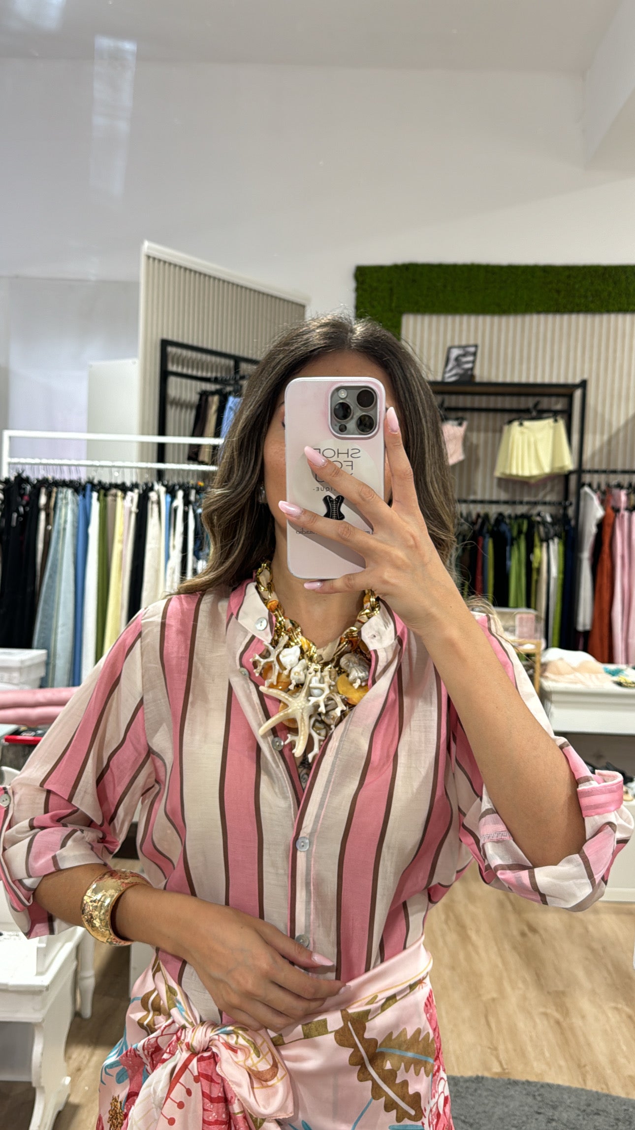 Camicia velata righe coreana rosa/choco/white