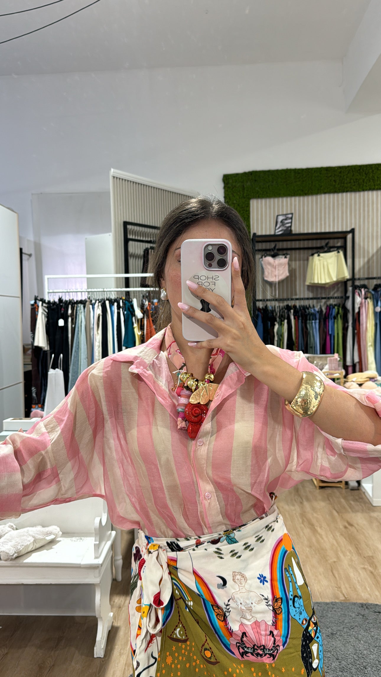 Camicia righe larghe velata beige/rosa