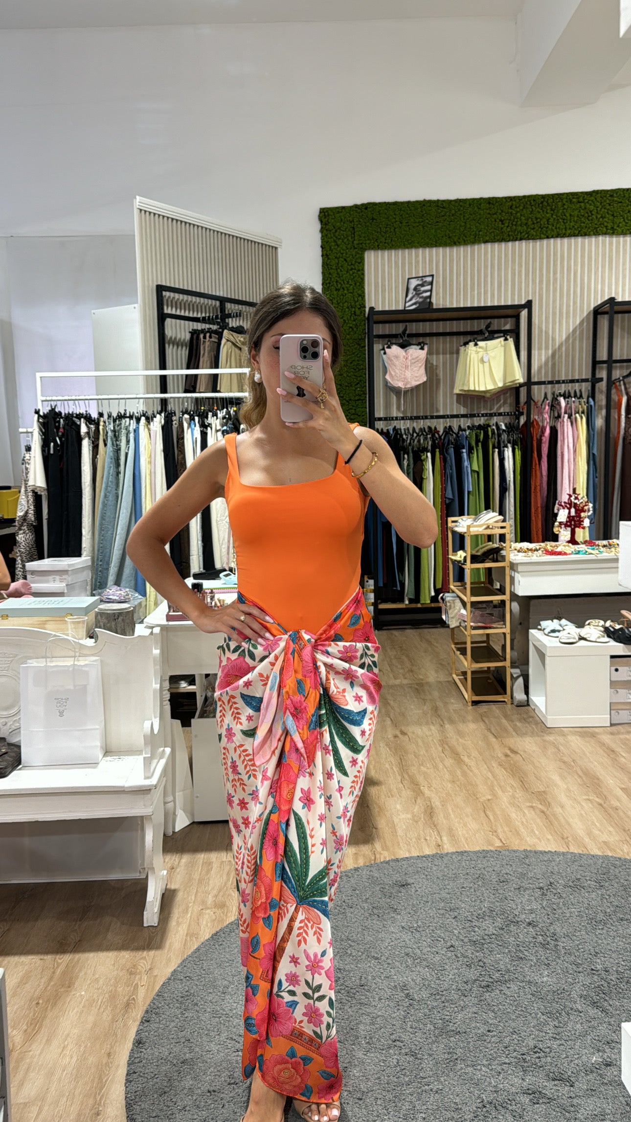 Gonna pareo lunga raso palme arancio