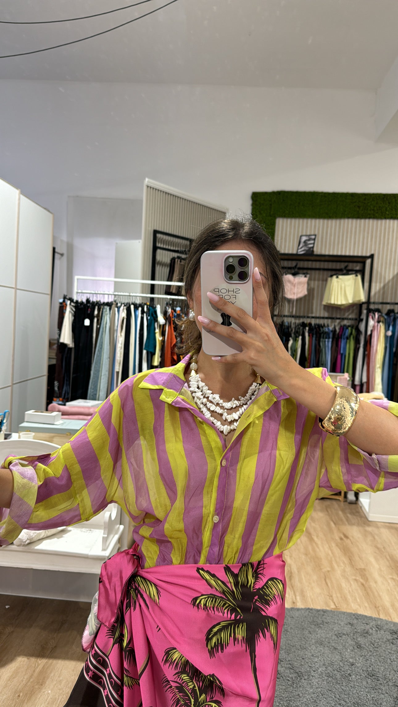 Camicia righe larghe velata lime/viola