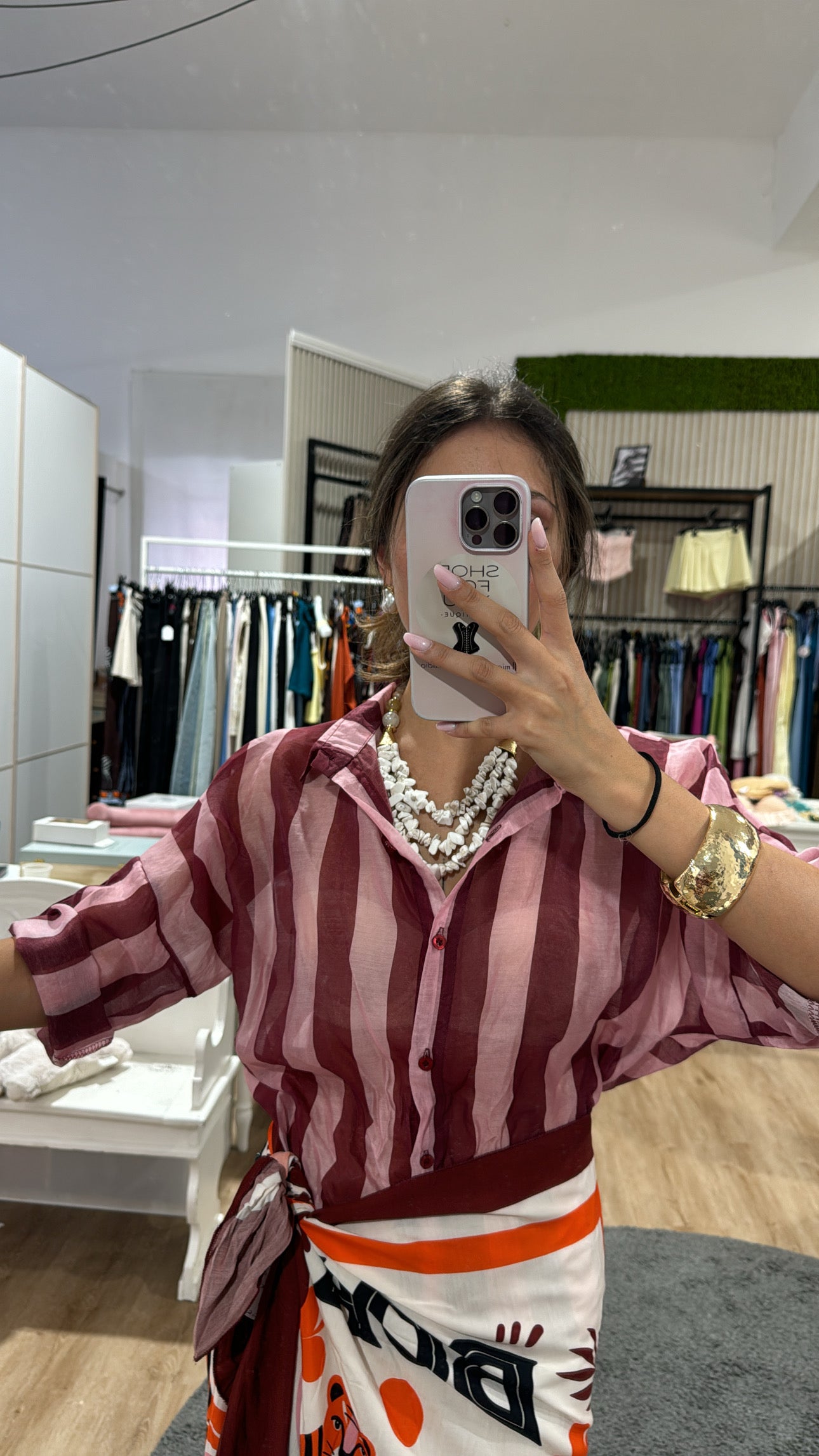 Camicia righe larghe velata rosa/bordeaux