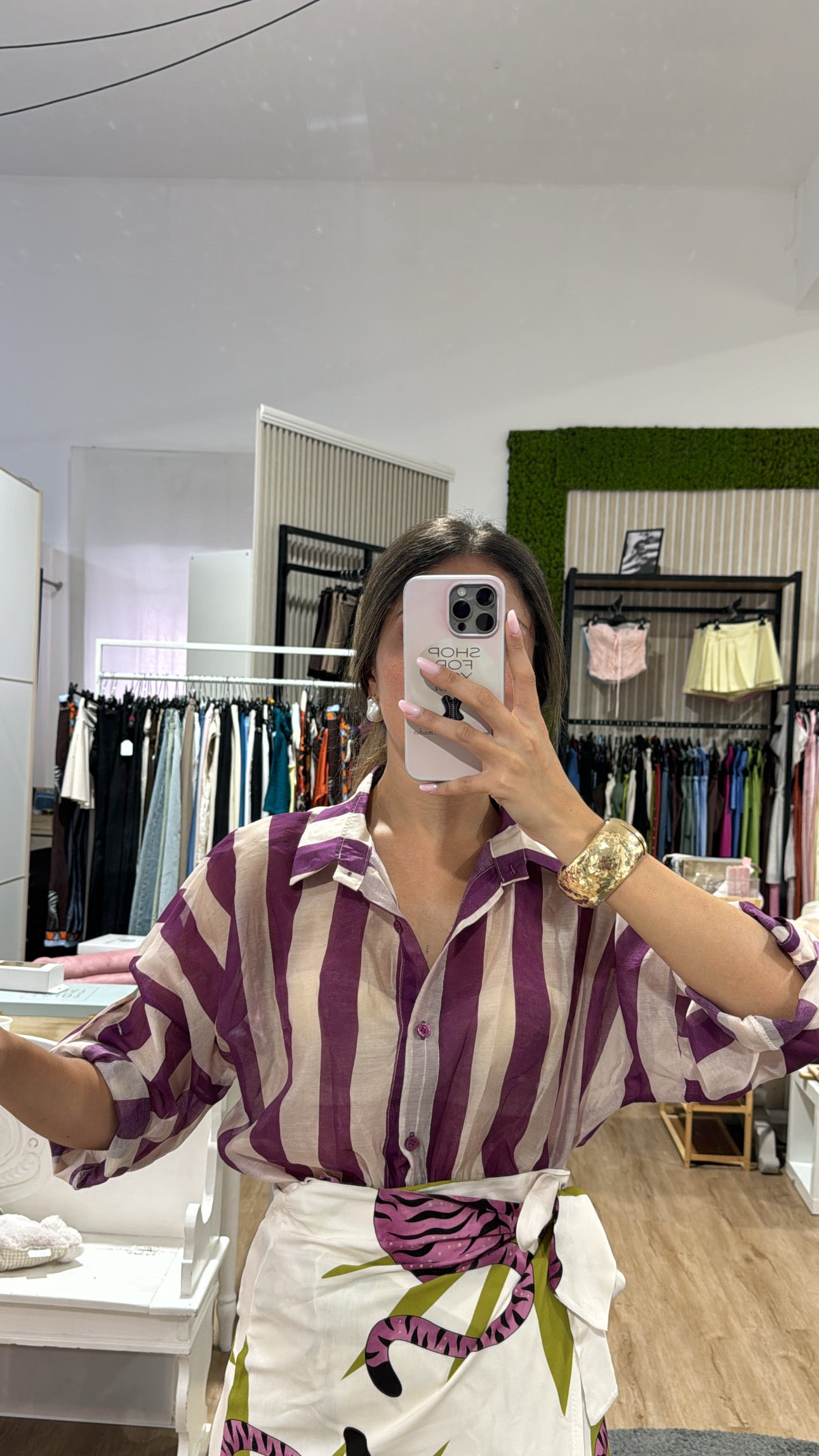 Camicia righe larghe velata viola/beige