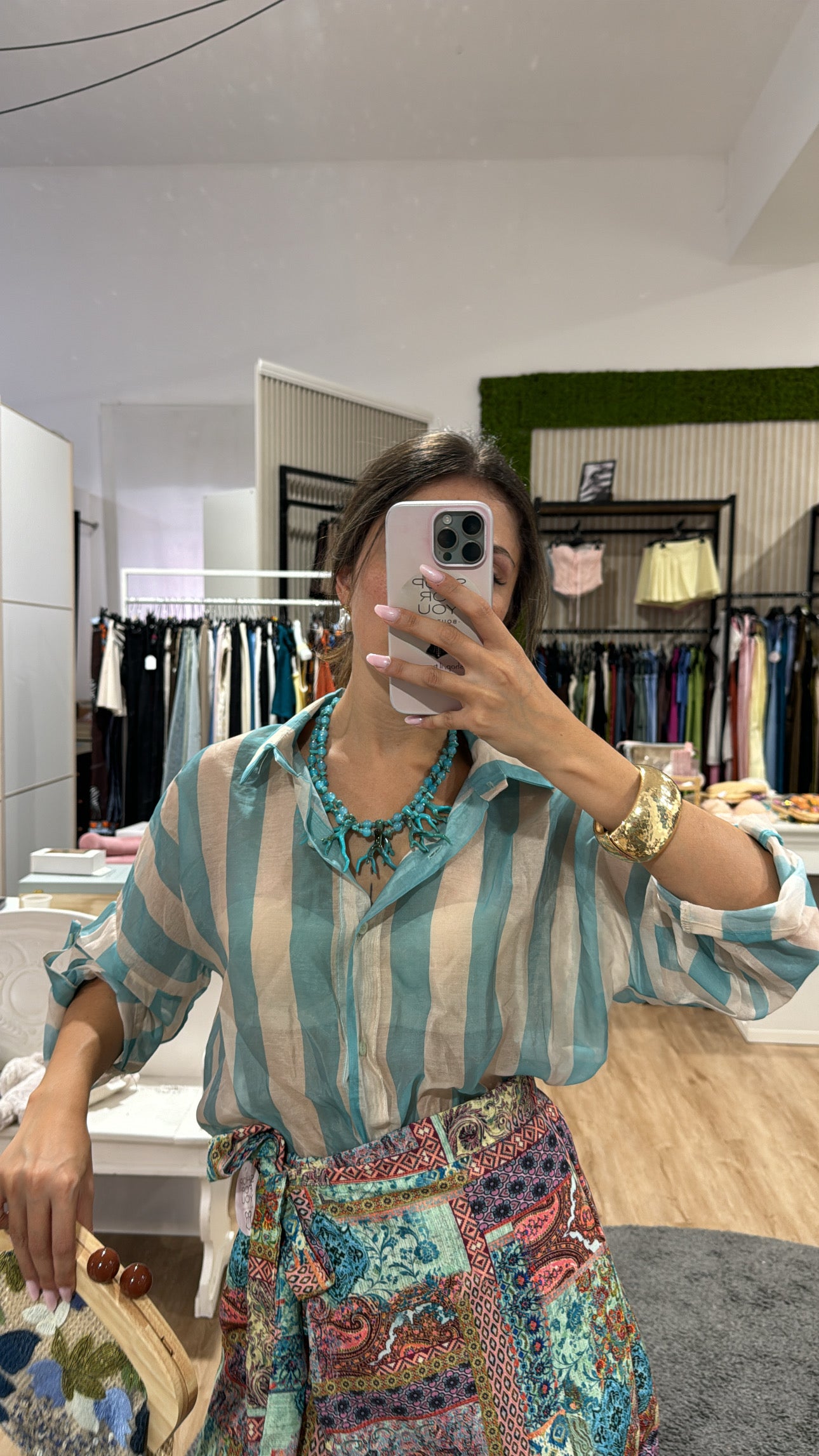 Camicia righe larghe velata azzurra/beige