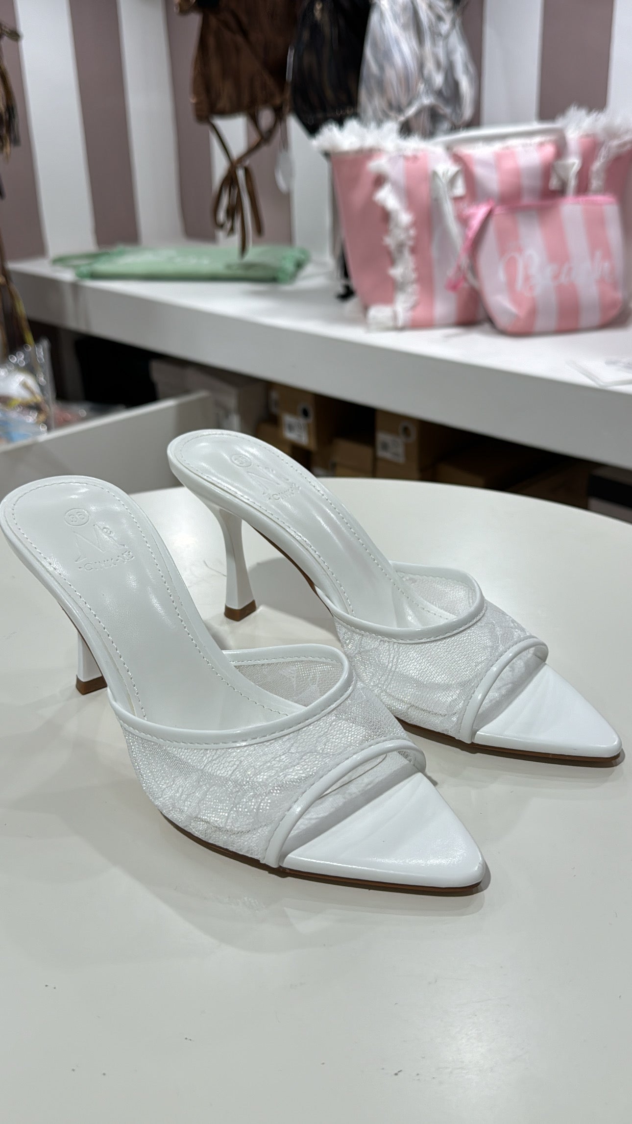 Mules tacco 8 White con fascia pizzo