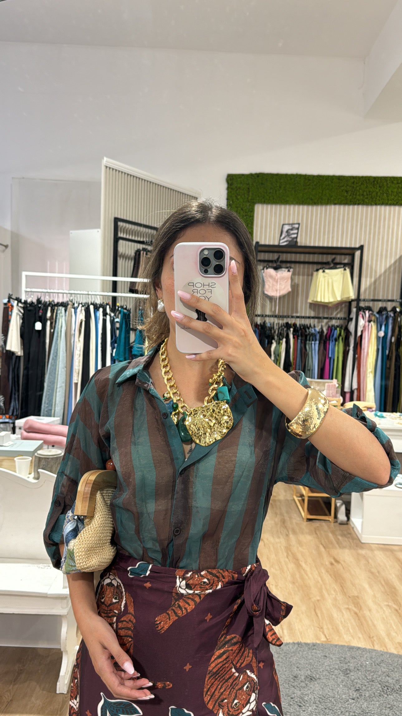 Camicia righe larghe velata petrolio/choco