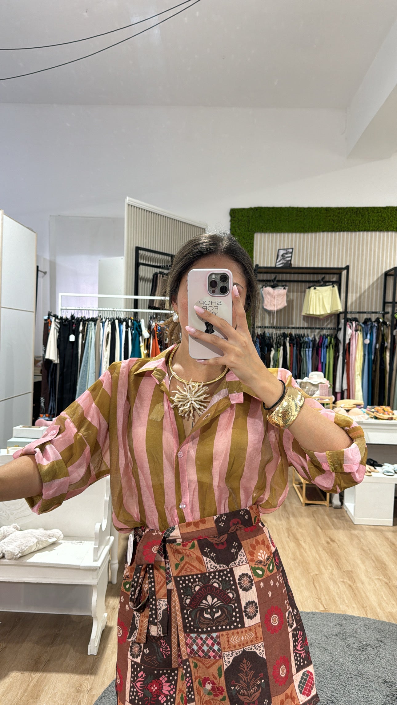 Camicia righe larghe velata senape/rosa