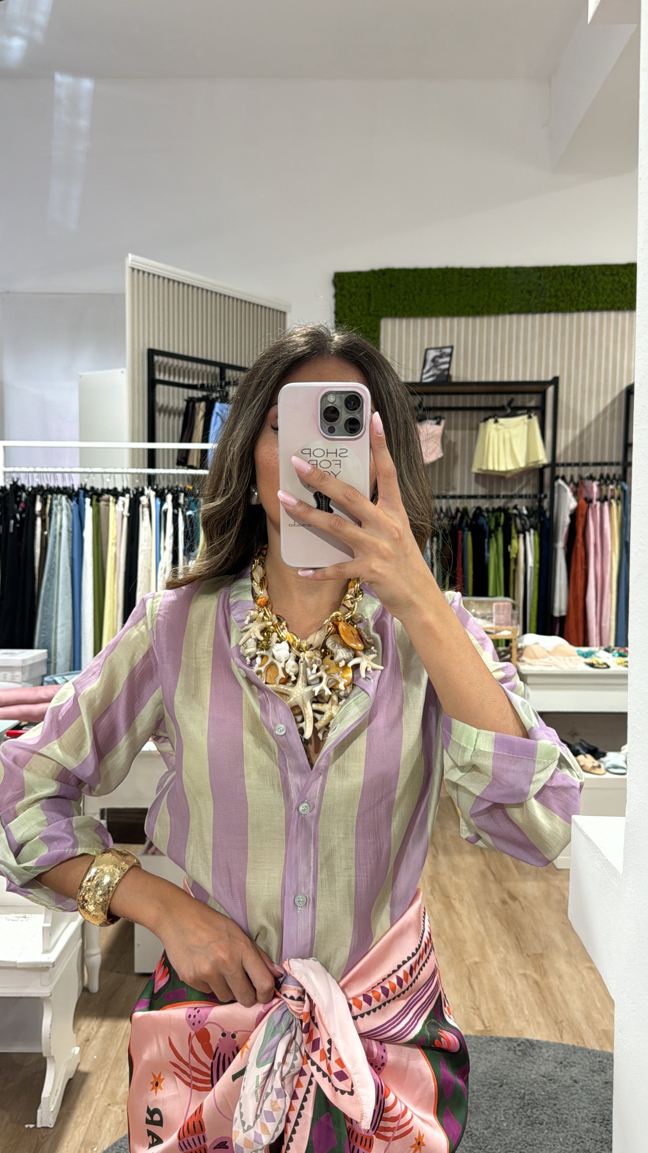 Camicia velata righe coreana lilla/pistacchio