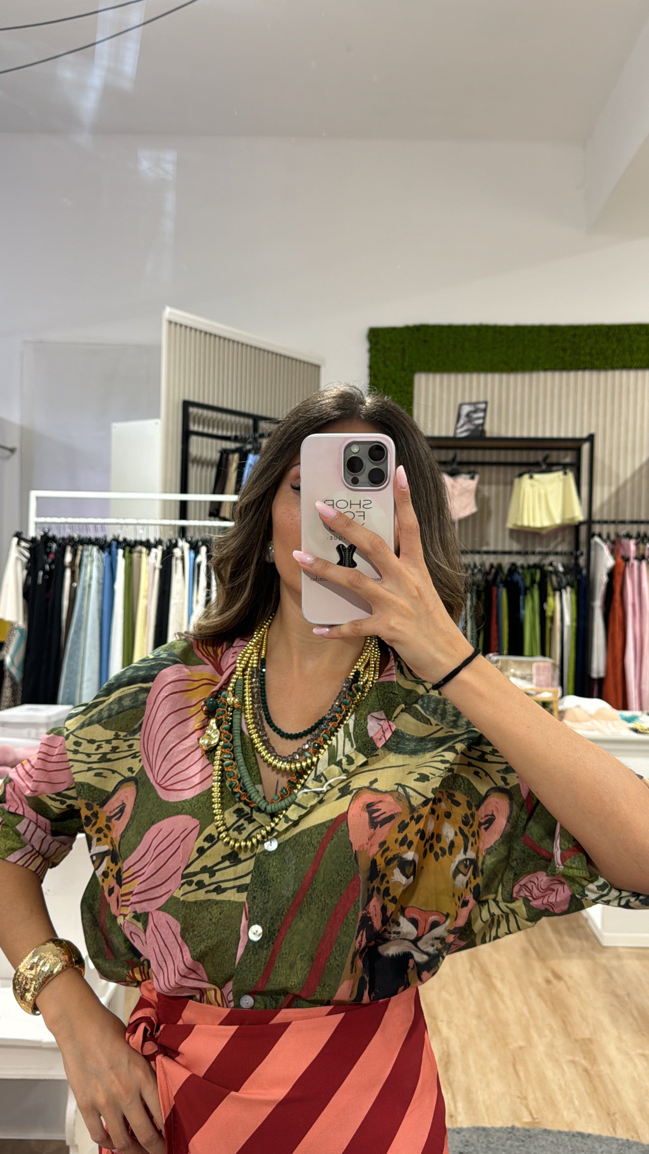 Camicia velata righe coreana LEOPARDO verde/rosa
