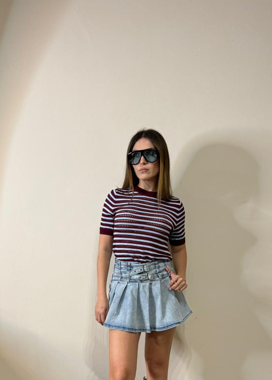 Maglia in filo traforata bordeaux/azzurro